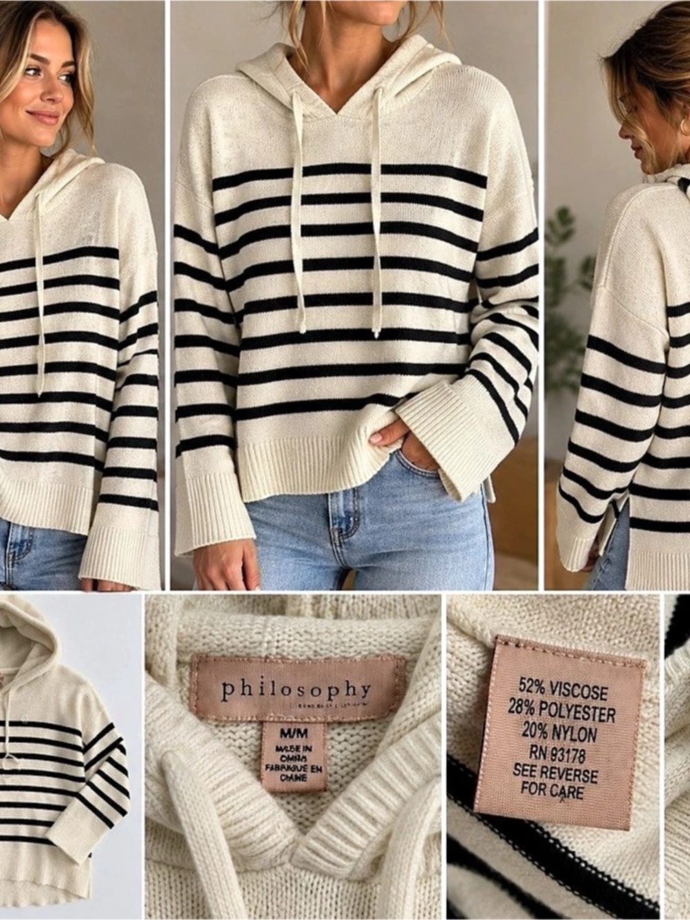 Philosophy Striped Hoodie Sweater in Cream & Black Medium